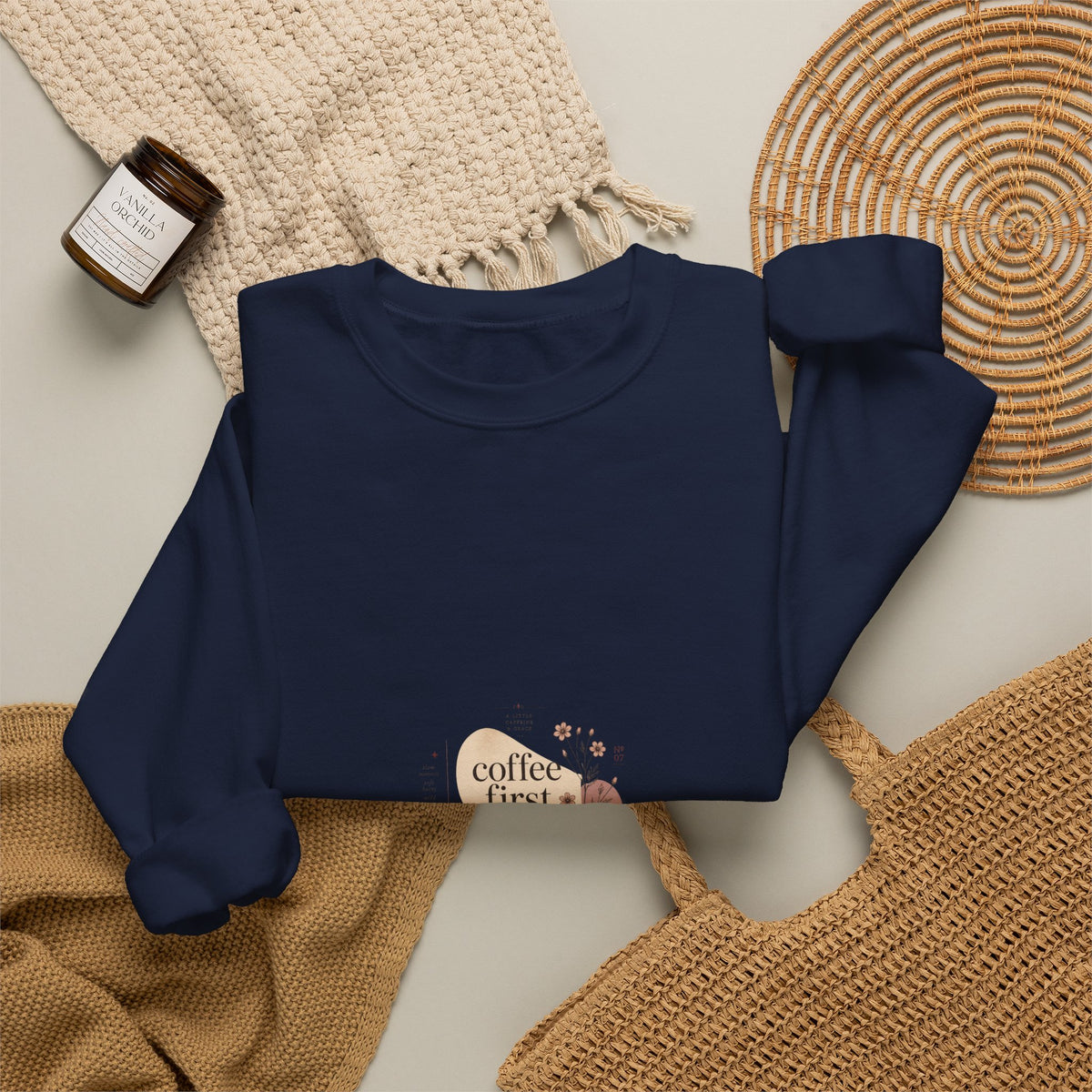 Coffee First Crewneck Sweatshirt — Cute Coffee Lover Graphic