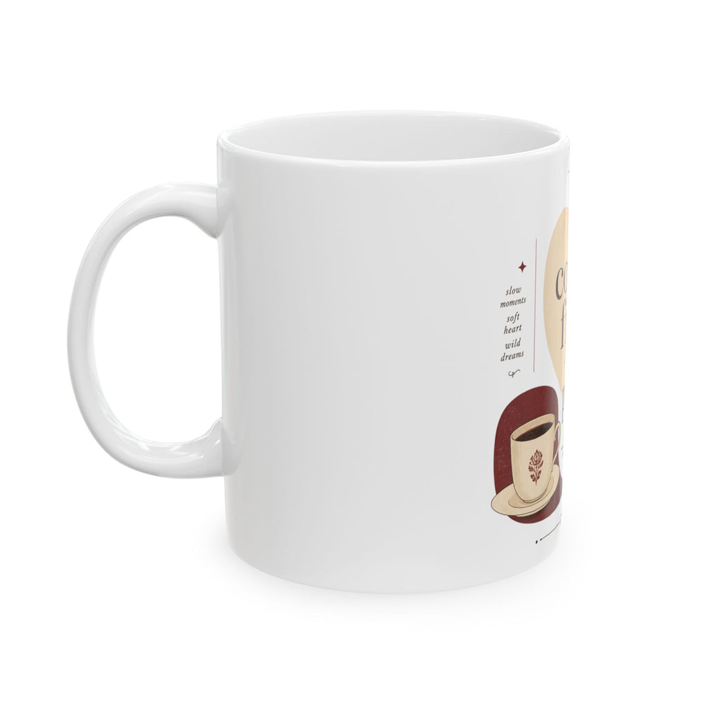 Coffee First Mug — "Coffee First, Plans Later" Ceramic Cup, Floral Cozy Gift for Coffee Lovers