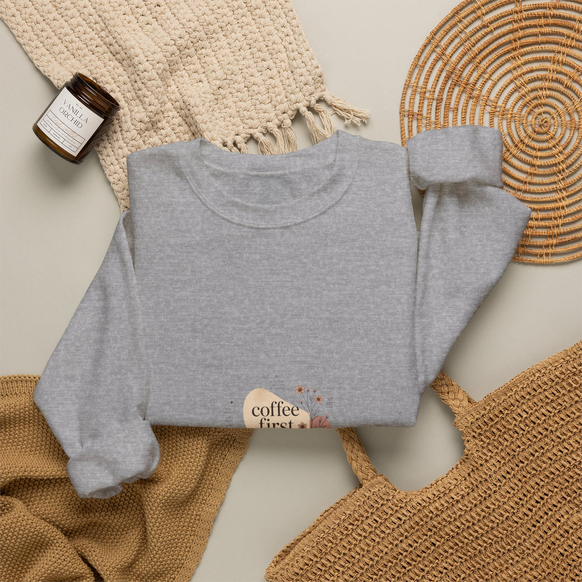 Coffee First Crewneck Sweatshirt — Cute Coffee Lover Graphic