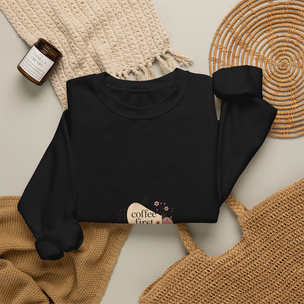 Coffee First Crewneck Sweatshirt — Cute Coffee Lover Graphic