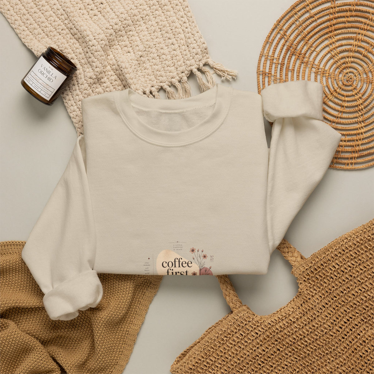 Coffee First Crewneck Sweatshirt — Cute Coffee Lover Graphic
