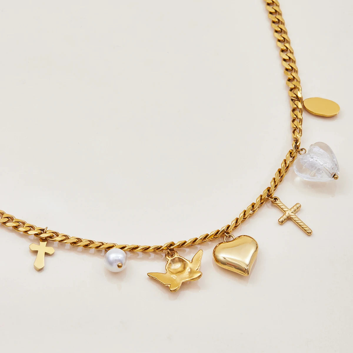 Zora Women's Fashion Heart Cross Pendant Necklace 18K Gold-plated Stainless Steel All-match Chain Jewelry
