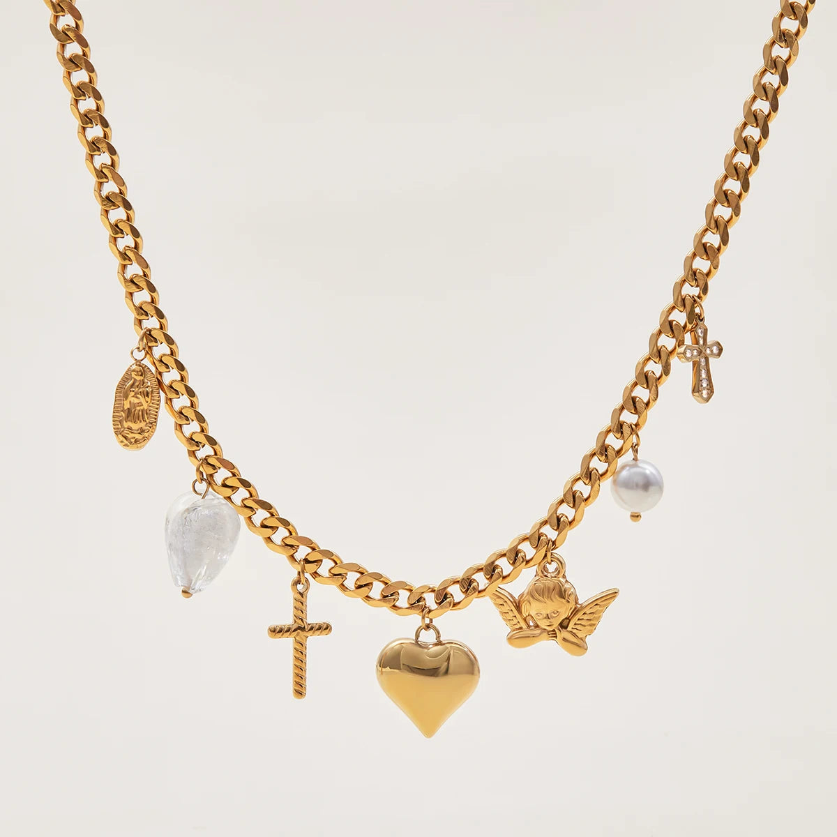 Zora Women's Fashion Heart Cross Pendant Necklace 18K Gold-plated Stainless Steel All-match Chain Jewelry