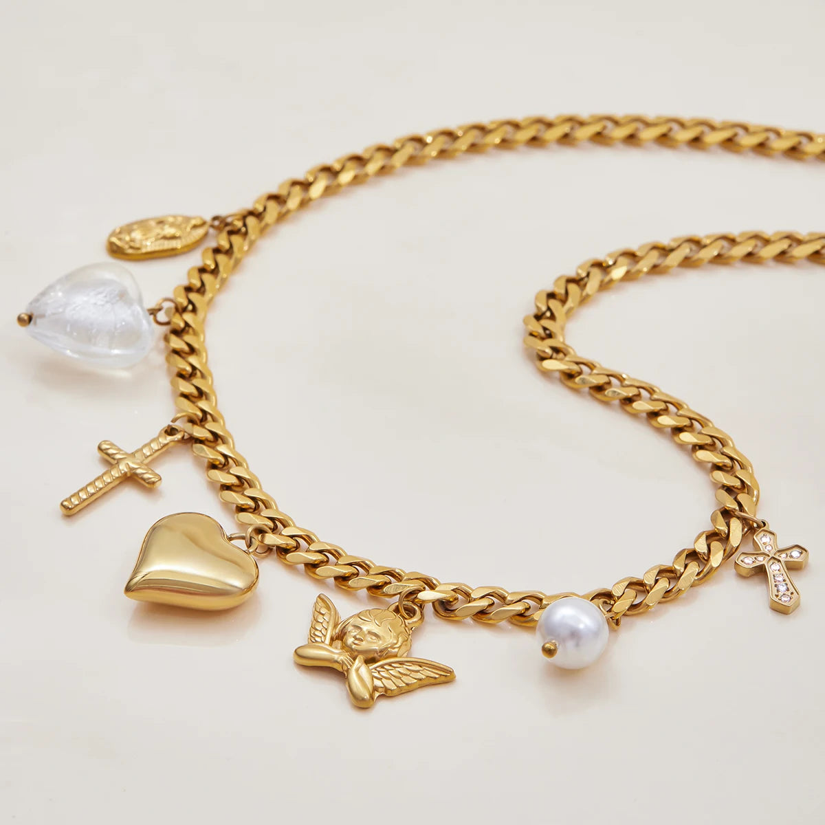 Zora Women's Fashion Heart Cross Pendant Necklace 18K Gold-plated Stainless Steel All-match Chain Jewelry